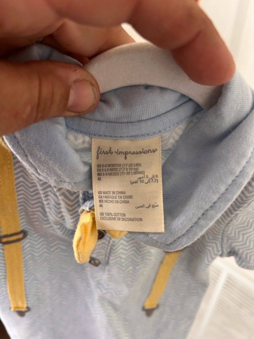 First Impressions Light Blue Baby collared Romper with Yellow Drawstrings
